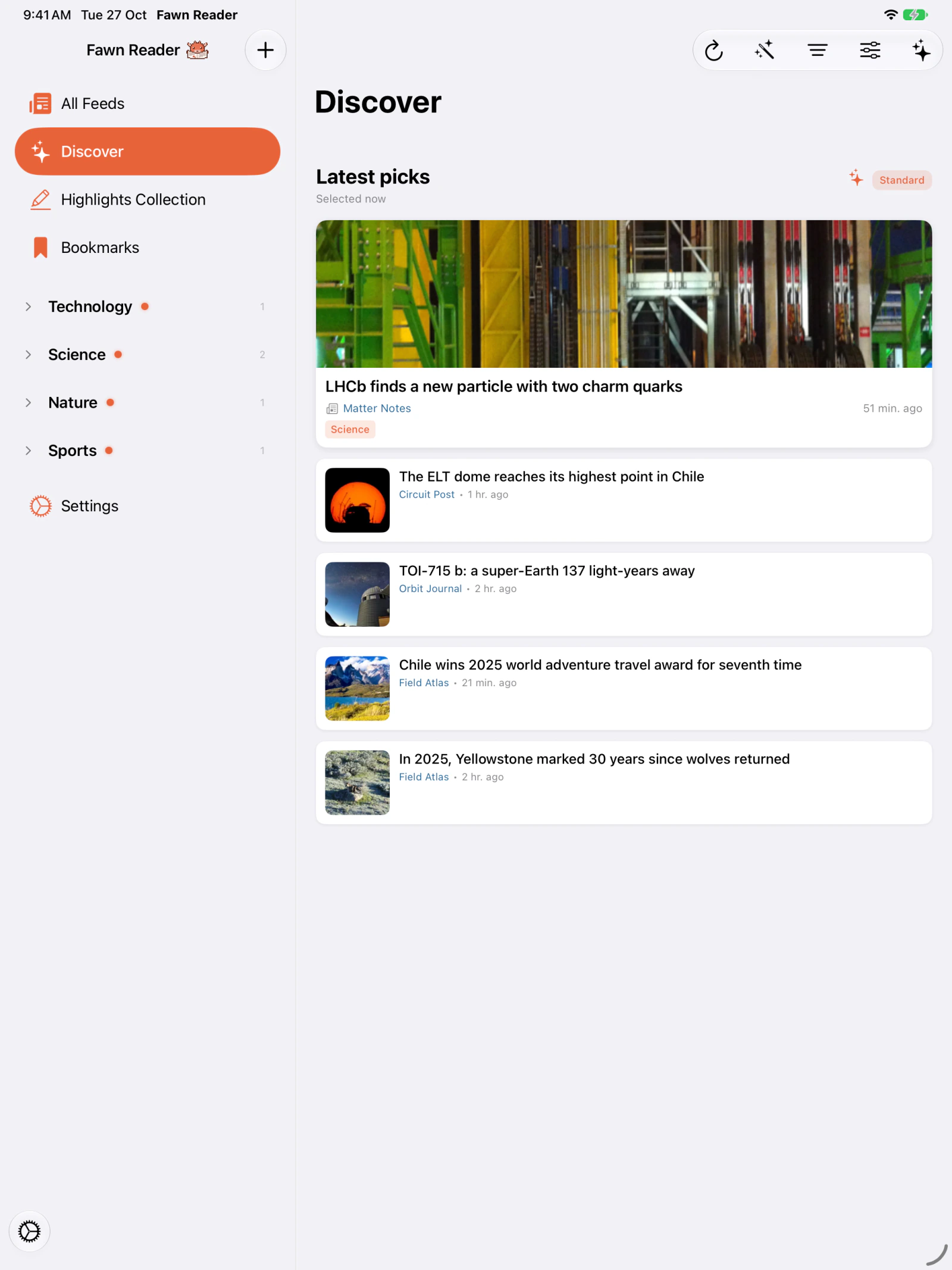 Discover view in Fawn Reader on iPad