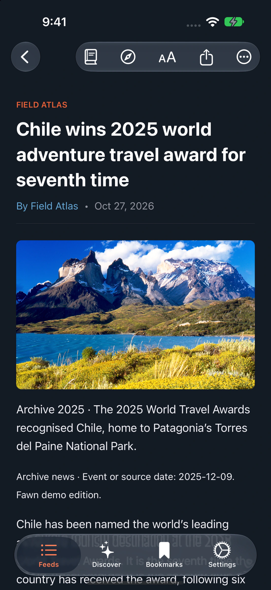 An article open in Fawn Reader on iPhone