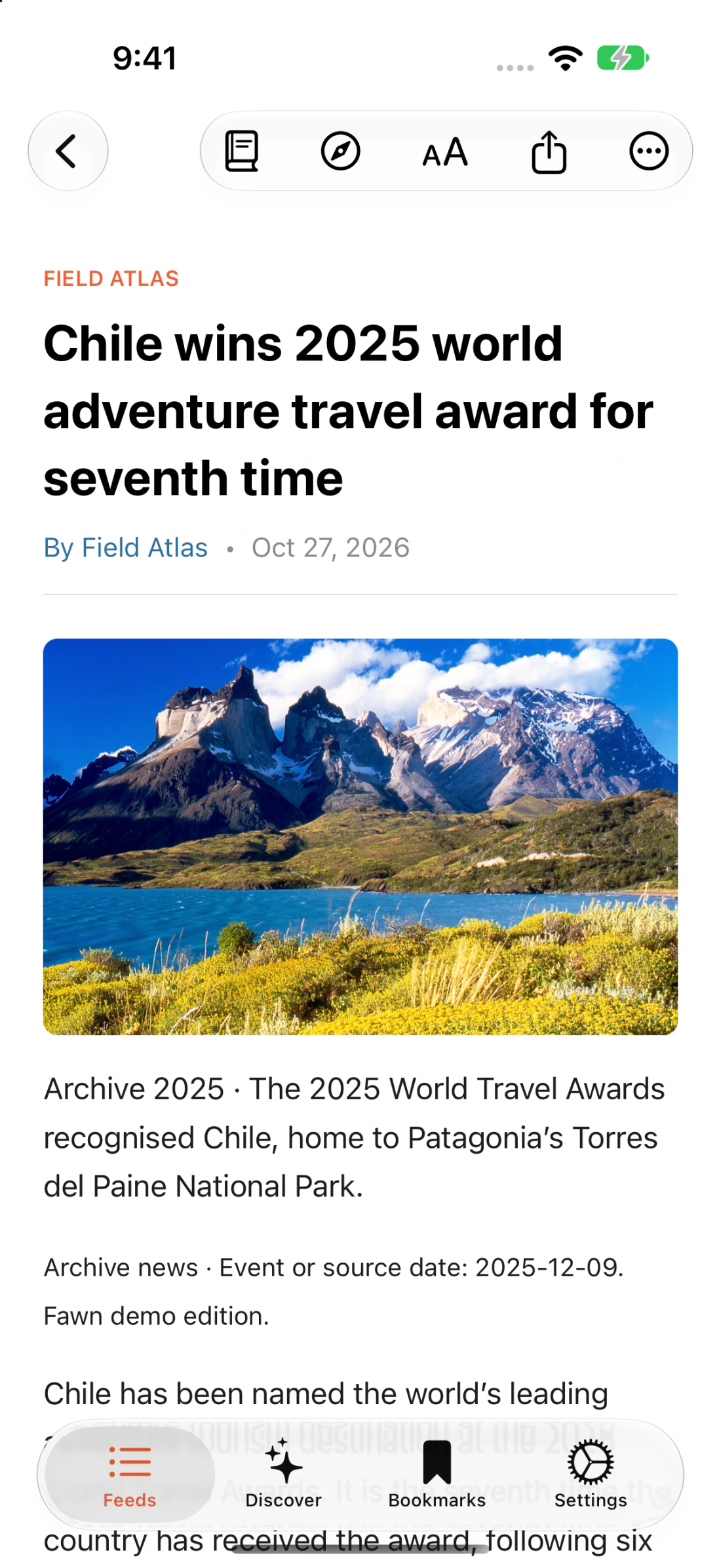 An article open in Fawn Reader on iPhone