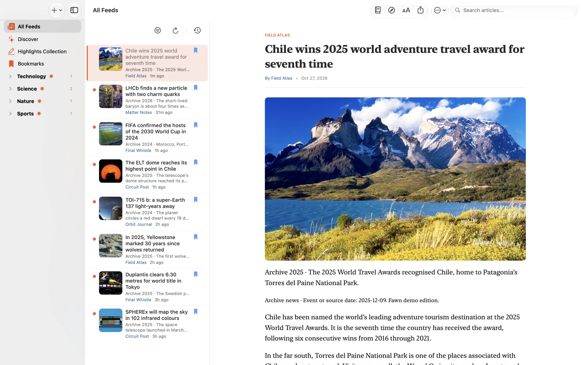 Fawn Reader on Mac with categories, illustrated stories, and an open article