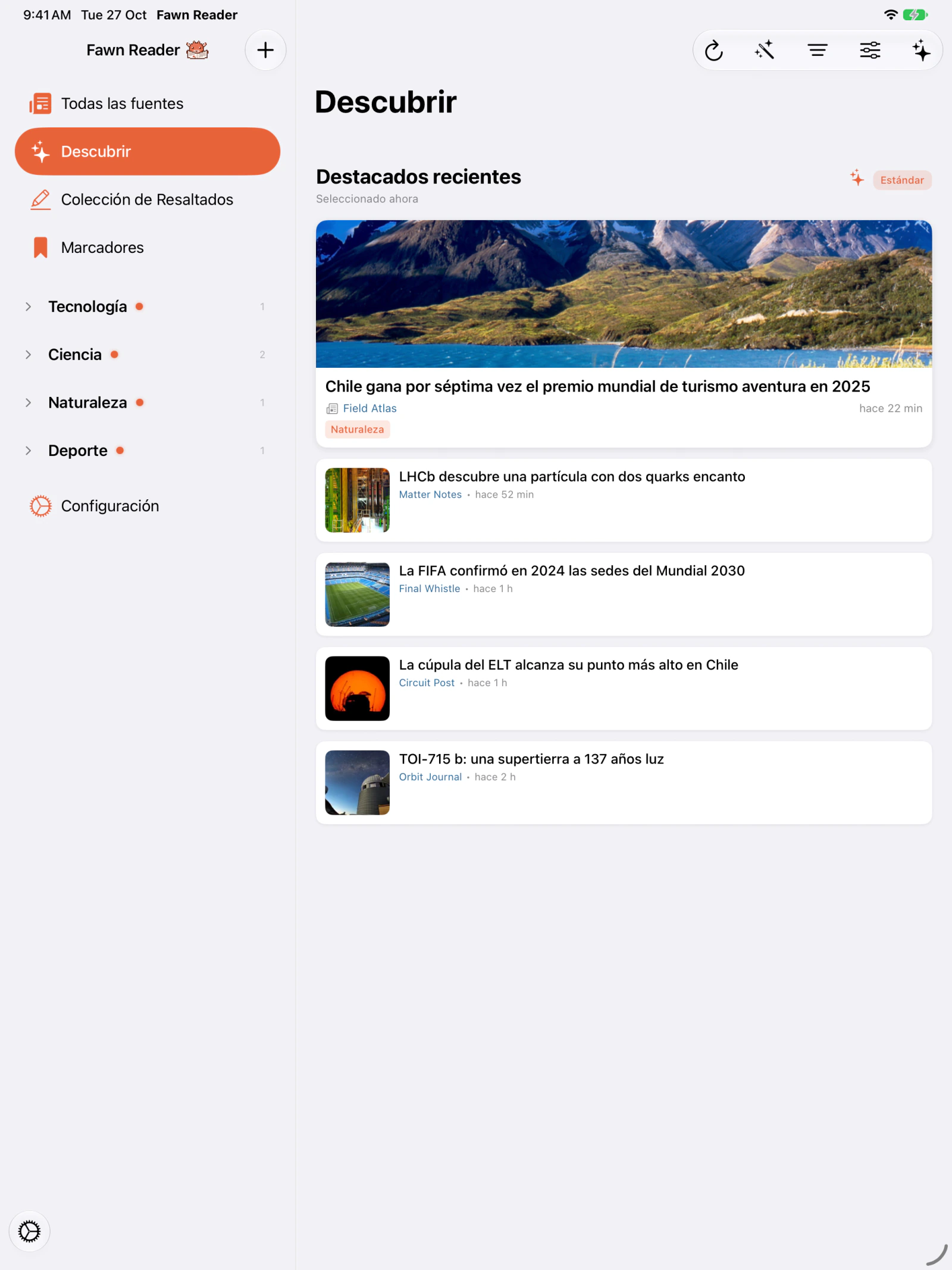 Discover view in Fawn Reader on iPad
