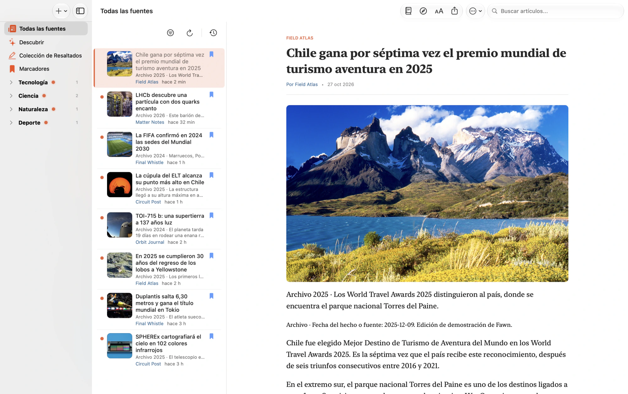 Fawn Reader on Mac with categories, illustrated stories, and an open article
