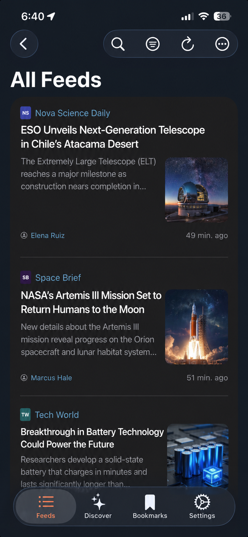 Fawn Reader article list on iPhone